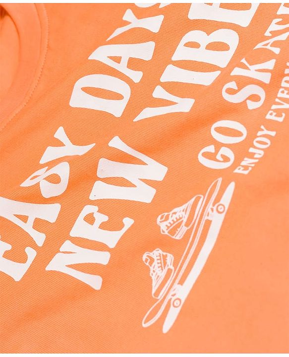 Pine Kids Cotton Knit Half Sleeves Text Printed T-Shirt & Striped Shorts Night Suit - Orange