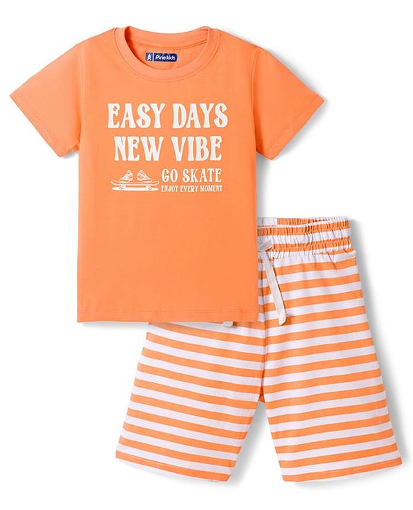 Pine Kids Cotton Knit Half Sleeves Text Printed T-Shirt & Striped Shorts Night Suit - Orange