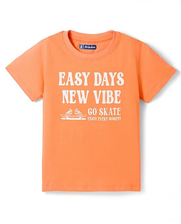 Pine Kids Cotton Knit Half Sleeves Text Printed T-Shirt & Striped Shorts Night Suit - Orange