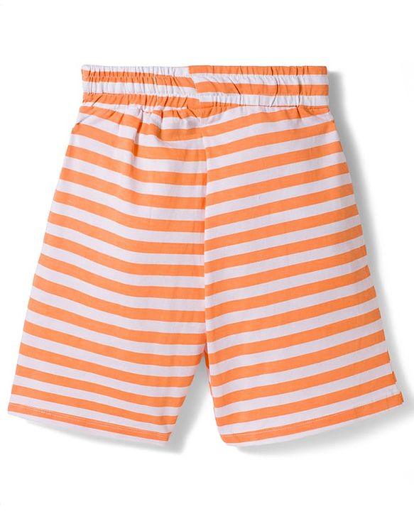 Pine Kids Cotton Knit Half Sleeves Text Printed T-Shirt & Striped Shorts Night Suit - Orange