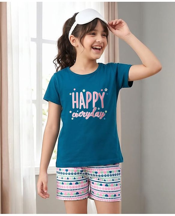 Pine Kids Cotton Knit Half Sleeves T-Shirt & Shorts Printed Night-Suit - Blue