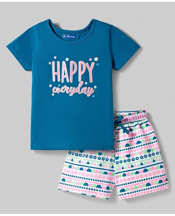 Pine Kids Cotton Knit Half Sleeves T-Shirt & Shorts Printed Night-Suit - Blue