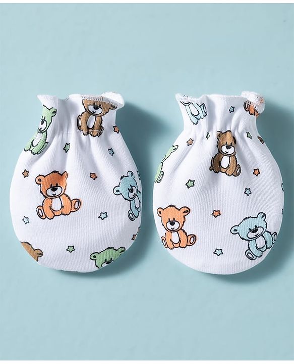 Babyhug 100% Cotton Knit Mittens & Booties With Teddy Bear Print - Multicolor