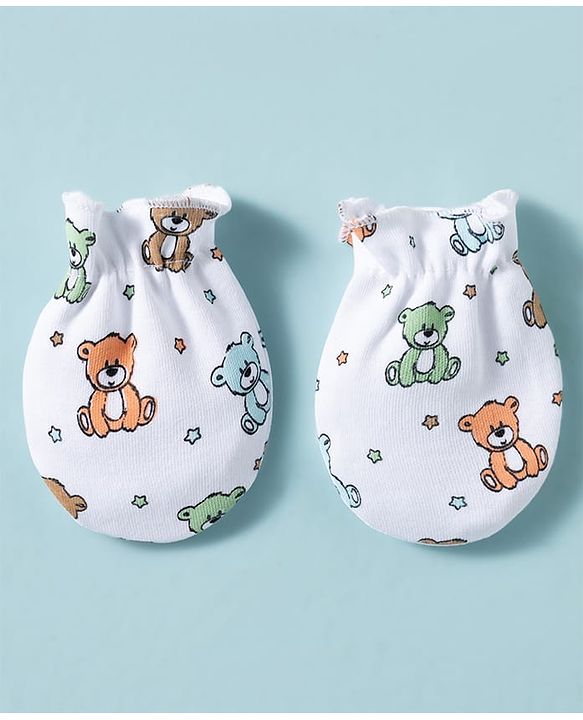 Babyhug 100% Cotton Knit Mittens & Booties With Teddy Bear Print - Multicolor