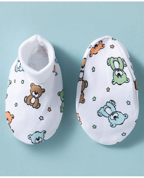 Babyhug 100% Cotton Knit Mittens & Booties With Teddy Bear Print - Multicolor