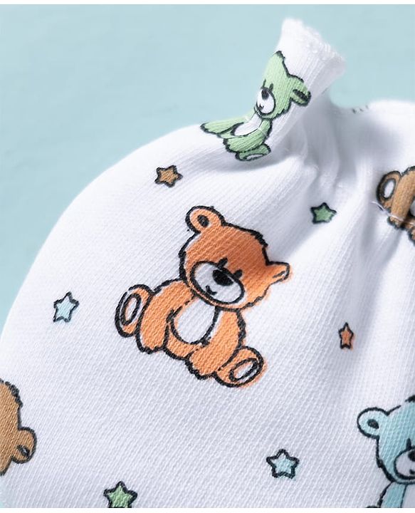 Babyhug 100% Cotton Knit Mittens & Booties With Teddy Bear Print - Multicolor