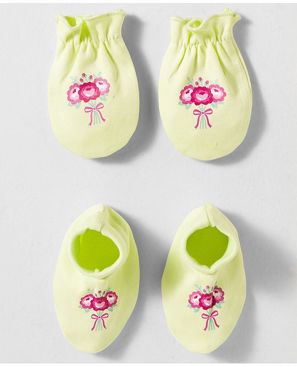 Babyhug 100% Cotton Interlock Knit Mittens & Booties Set With Floral Print - Green