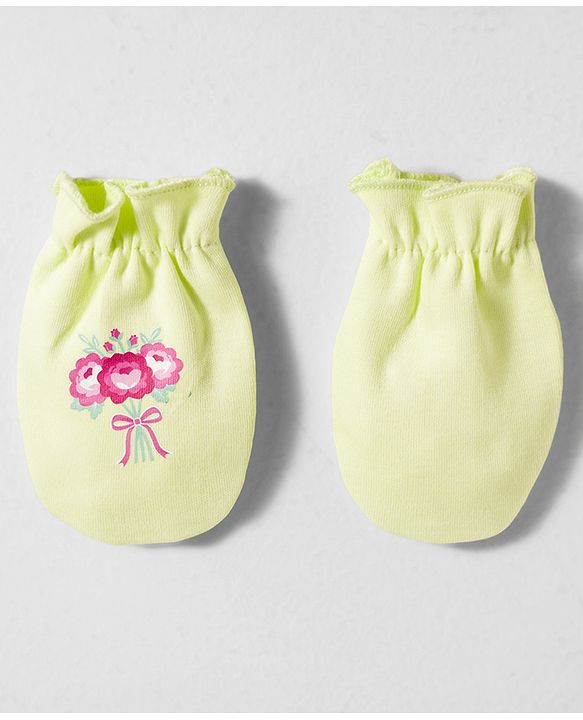 Babyhug 100% Cotton Interlock Knit Mittens & Booties Set With Floral Print - Green