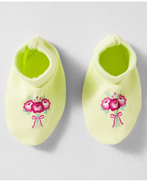 Babyhug 100% Cotton Interlock Knit Mittens & Booties Set With Floral Print - Green