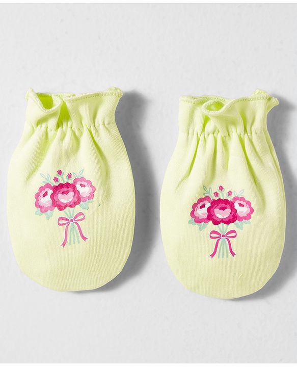 Babyhug 100% Cotton Interlock Knit Mittens & Booties Set With Floral Print - Green