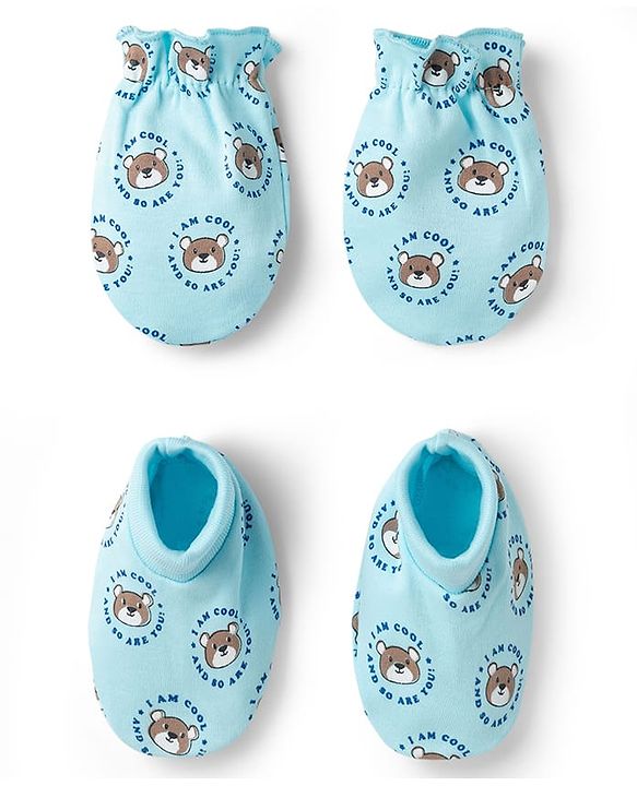Babyhug 100% Cotton Knit Mittens & Booties with Teddy Print - Multicolor