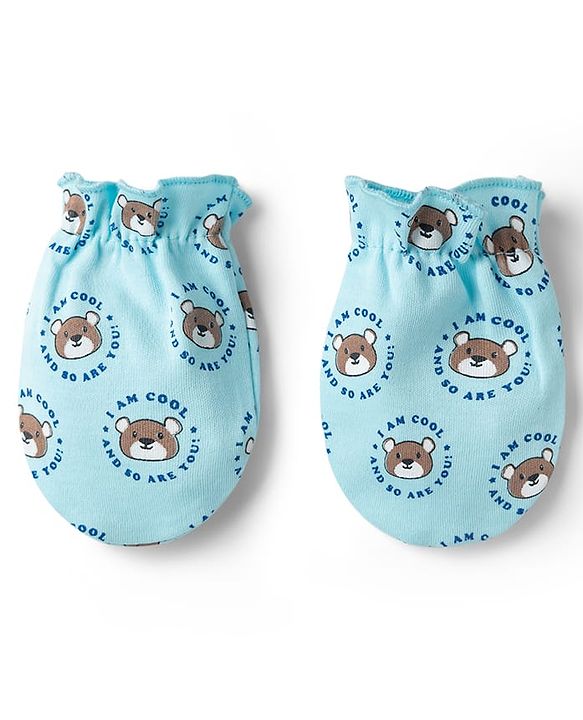 Babyhug 100% Cotton Knit Mittens & Booties with Teddy Print - Multicolor