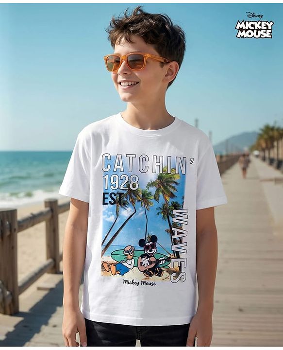 Pine Kids Disney Single Jersey Knit Half Sleeves T-Shirt With Mickey Mouse Graphics - White