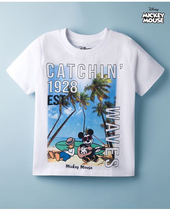 Pine Kids Disney Single Jersey Knit Half Sleeves T-Shirt With Mickey Mouse Graphics - White