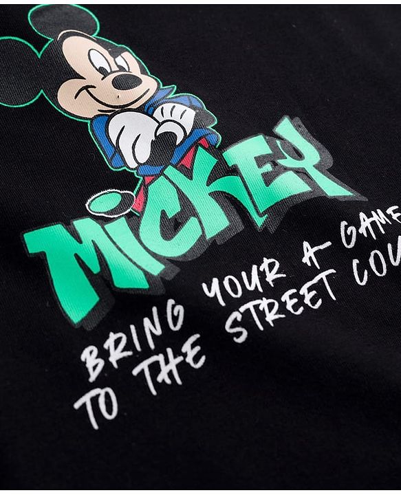 Pine Kids Disney Single Jersey Knit Half Sleeves T-Shirt With Front & Back Mickey Mouse Print - Black