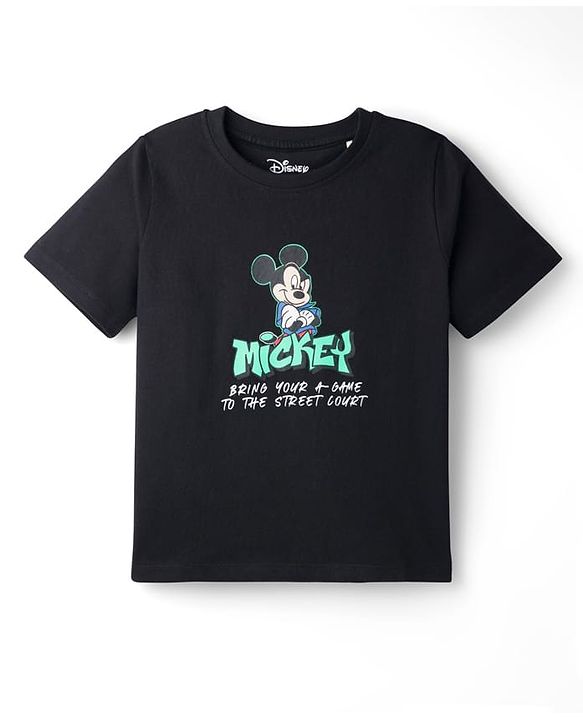 Pine Kids Disney Single Jersey Knit Half Sleeves T-Shirt With Front & Back Mickey Mouse Print - Black