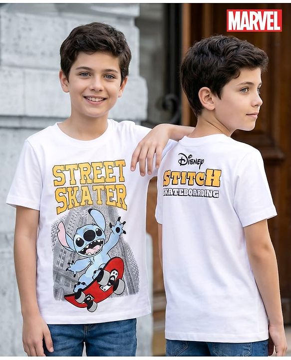 Pine Kids Disney Single Jersey Knit Half Sleeves T-Shirt With Front & Back Lilo & Stitch Print - White
