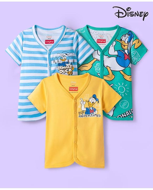 Babyhug Disney 100% Cotton Knit Half Sleeves Jhablas With Donald Duck Graphics Pack of 3 - Multicolour