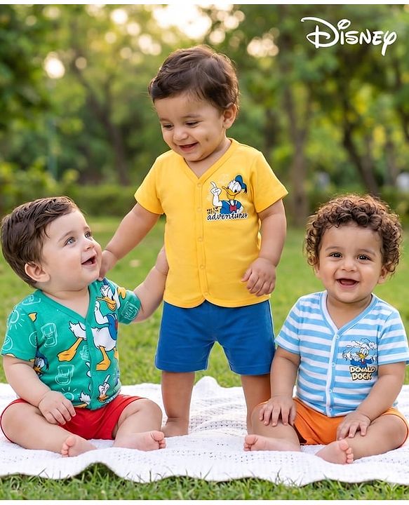 Babyhug Disney 100% Cotton Knit Half Sleeves Jhablas With Donald Duck Graphics Pack of 3 - Multicolour