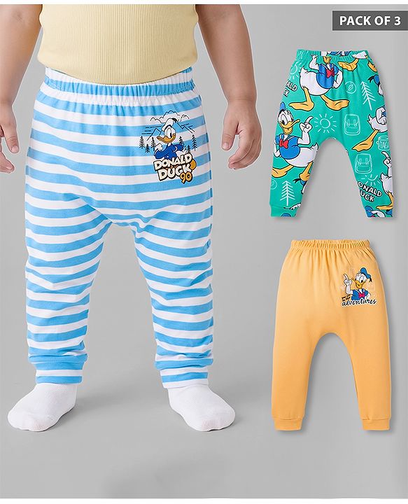 Babyhug Disney Interlock Knit Full Length Diaper Leggings with Donald Duck Graphic & Stripes Pack of 3 - Multicolor