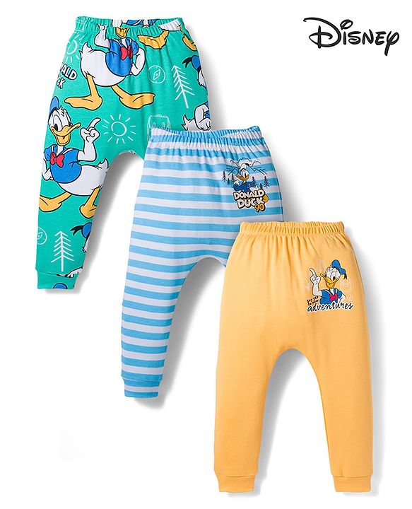 Babyhug Disney Interlock Knit Full Length Diaper Leggings with Donald Duck Graphic & Stripes Pack of 3 - Multicolor