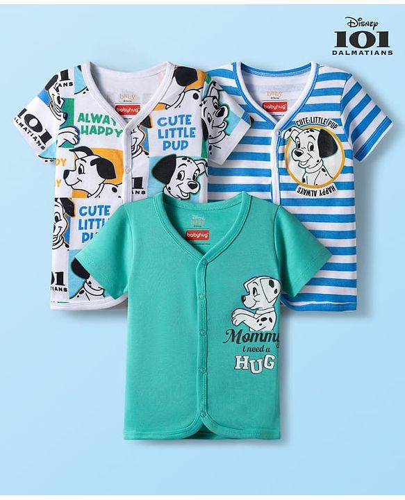 Babyhug Disney Interlock Knit Half Sleeves 101 Dalmatians Printed Front Open Jhablas Pack of 3 - White, Blue & Green