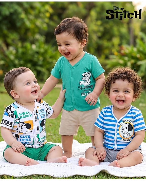 Babyhug Disney Interlock Knit Half Sleeves 101 Dalmatians Printed Front Open Jhablas Pack of 3 - White, Blue & Green