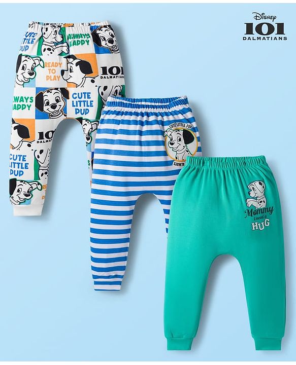 Babyhug Disney Interlock Knit Full Length 101 Dalmatians Printed Diaper Leggings Pack of 3 - White Blue & Sea Green