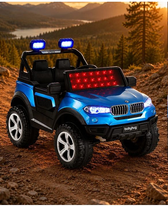 Babyhug Battery Operated Ride on Jeep with Music & LED Lights - Blue| Rechargeable Battery|Openable Doors| AUX|Remote Control|Easy to Assemble| Forward & Reverse| Magic Swing Movement