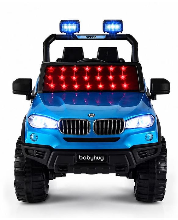 Babyhug Battery Operated Ride on Jeep with Music & LED Lights - Blue| Rechargeable Battery|Openable Doors| AUX|Remote Control|Easy to Assemble| Forward & Reverse| Magic Swing Movement