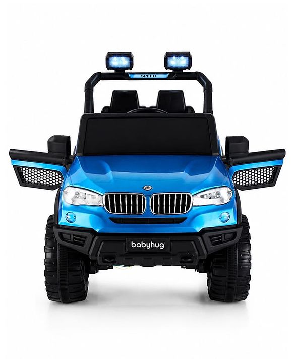 Babyhug Battery Operated Ride on Jeep with Music & LED Lights - Blue| Rechargeable Battery|Openable Doors| AUX|Remote Control|Easy to Assemble| Forward & Reverse| Magic Swing Movement