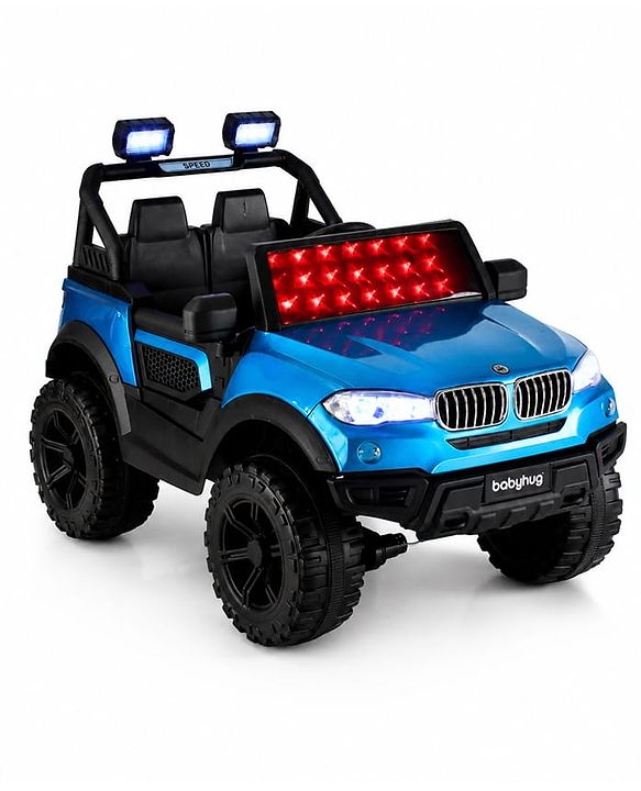 Babyhug Battery Operated Ride on Jeep with Music & LED Lights - Blue| Rechargeable Battery|Openable Doors| AUX|Remote Control|Easy to Assemble| Forward & Reverse| Magic Swing Movement