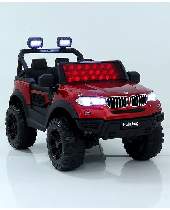 Babyhug Battery Operated Ride on Jeep with Music & LED Lights - Red| Rechargeable Battery| Openable Doors| Built-in Music & AUX| Remote Control| Easy to Assemble| Forward & Reverse