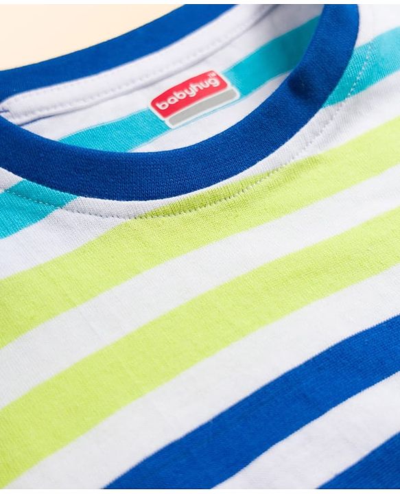 Babyhug Single Jersey Knit Half Sleeves Striped T-Shirt & Shorts Set with Tee & Jungle Theme Print - Blue