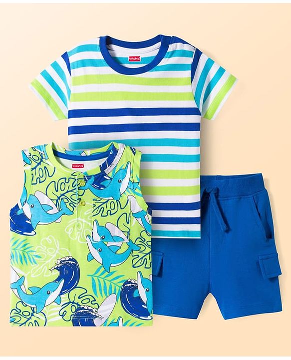 Babyhug Single Jersey Knit Half Sleeves Striped T-Shirt & Shorts Set with Tee & Jungle Theme Print - Blue