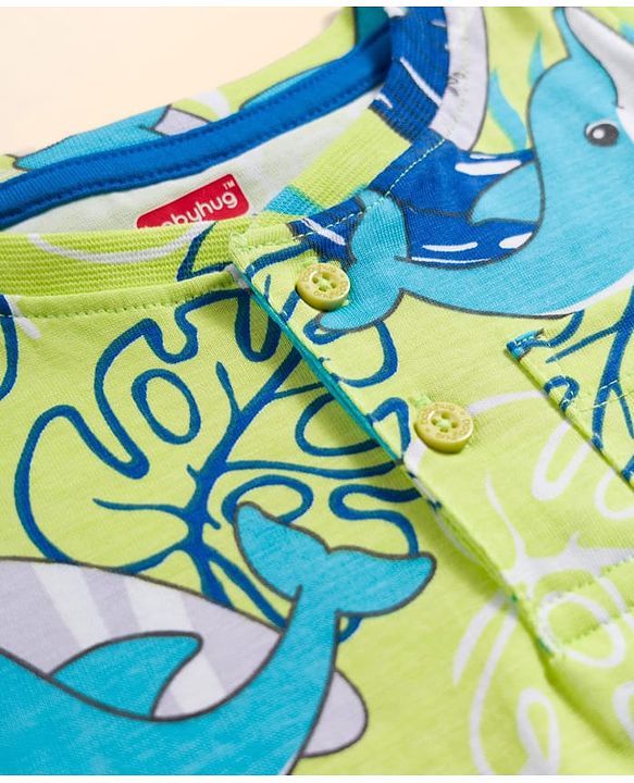 Babyhug Single Jersey Knit Half Sleeves Striped T-Shirt & Shorts Set with Tee & Jungle Theme Print - Blue