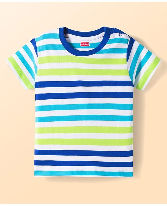 Babyhug Single Jersey Knit Half Sleeves Striped T-Shirt & Shorts Set with Tee & Jungle Theme Print - Blue