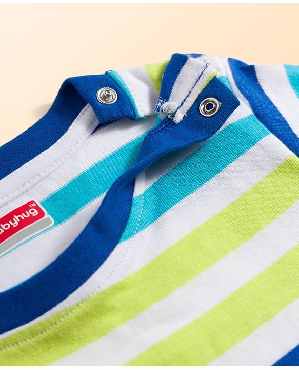 Babyhug Single Jersey Knit Half Sleeves Striped T-Shirt & Shorts Set with Tee & Jungle Theme Print - Blue