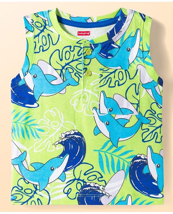Babyhug Single Jersey Knit Half Sleeves Striped T-Shirt & Shorts Set with Tee & Jungle Theme Print - Blue