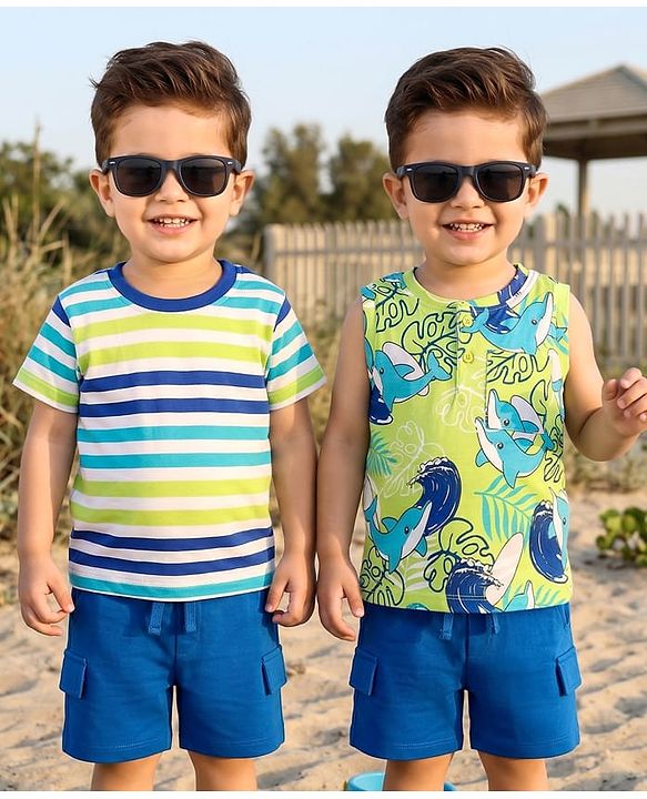 Babyhug Single Jersey Knit Half Sleeves Striped T-Shirt & Shorts Set with Tee & Jungle Theme Print - Blue