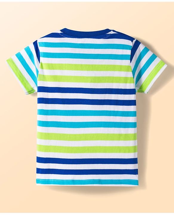 Babyhug Single Jersey Knit Half Sleeves Striped T-Shirt & Shorts Set with Tee & Jungle Theme Print - Blue