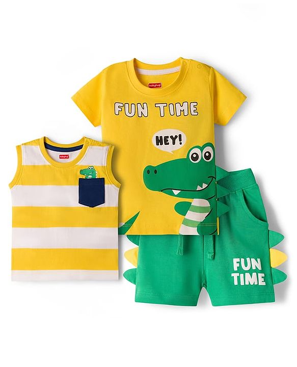Babyhug 100% Cotton Knit Half Sleeves & Sleeveless Striped Crocodile Printed T-Shirt & Shorts Set - Multicolour & Green