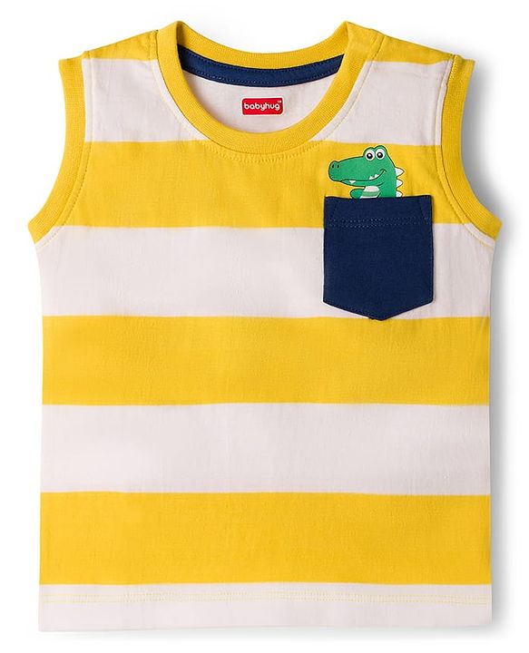 Babyhug 100% Cotton Knit Half Sleeves & Sleeveless Striped Crocodile Printed T-Shirt & Shorts Set - Multicolour & Green