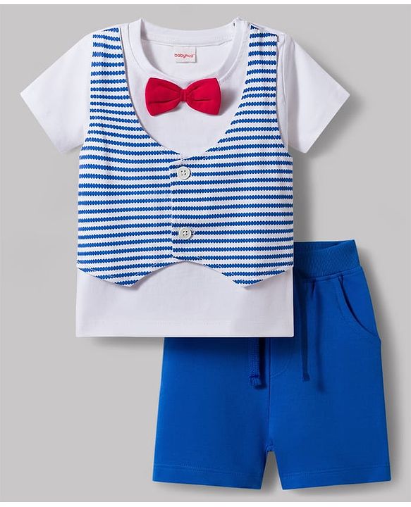Babyhug Single Jersey Knit Half Sleeves Striped T-Shirt & Shorts Set with Bow Applique - Blue