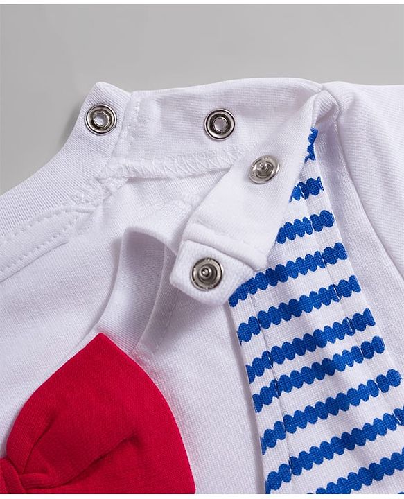 Babyhug Single Jersey Knit Half Sleeves Striped T-Shirt & Shorts Set with Bow Applique - Blue