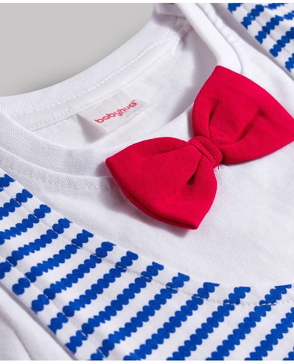 Babyhug Single Jersey Knit Half Sleeves Striped T-Shirt & Shorts Set with Bow Applique - Blue