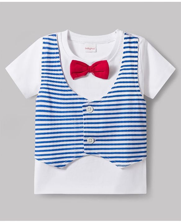 Babyhug Single Jersey Knit Half Sleeves Striped T-Shirt & Shorts Set with Bow Applique - Blue