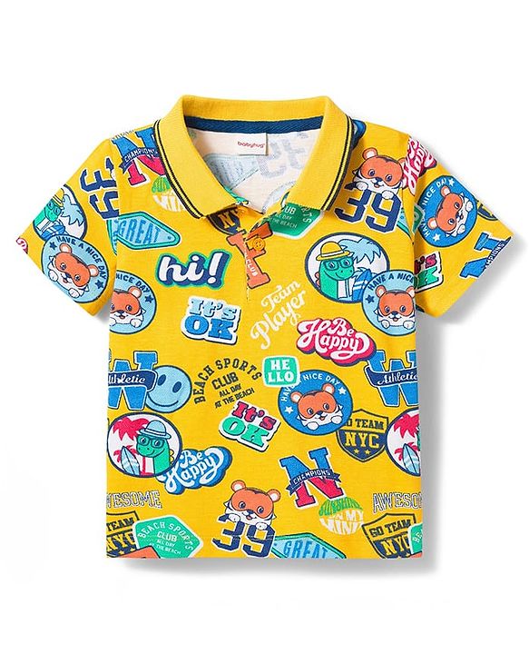 Babyhug Single Jersey Knit Half Sleeves Polo T-Shirt & Shorts Set with Text Print - Blue