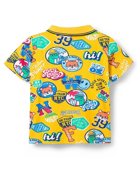 Babyhug Single Jersey Knit Half Sleeves Polo T-Shirt & Shorts Set with Text Print - Blue
