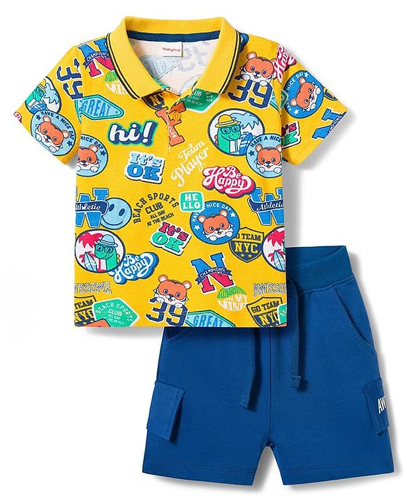 Babyhug Single Jersey Knit Half Sleeves Polo T-Shirt & Shorts Set with Text Print - Blue